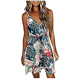 MILONT Frauen Sommer Spaghetti Strap V-Ausschnitt Boho Floral Printed Swing Casual Strand Kurzes Minikleid Sommerkleid, T11 Armeegrün, L