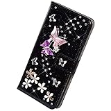 Herbests Kompatibel mit Samsung Galaxy S5 Hülle Leder Handyhülle Diamant Bling Strass Glitzer Schmetterling Blumen Muster Leder Tasche Flip Cover Case Klapphülle Schutzhülle,Schw