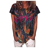 Masrin Damen T-Shirt Vintage Bunte Blätter Motiv 3D-Druckoberteile Neuheit Kurzarm O-Ausschnitt lose Tunika Bluse(XXXXL,Mehrfarbig)