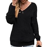 Cocopa Pullover Damen Herbst ， Oversize Langarm Strickpullover mit v Ausschnitt,Longpullover Einfarbig Sweatshirt Strickpulli Pullis für Winter und Herbst Schwarz L