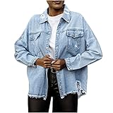 Komiseup Damen Waschbare Zerrissene Jeansjacke Oversized Blau Denim Übergangsjacke Teenager Mädchen Loch Jeansmantel Mode Winterjacke Casual Jacke Y2k Herbstjacke Lose Boyfriend Langarm Denim Jack