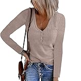 Damen Casual Waffelstrick Tunika Tops Lose Langarm Button Up V-Ausschnitt Henley S