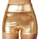 dressforfun 901007 Damen Metallic Hotpants, glänzende Shorts mit hoher Taille, eng anliegende Kurze Hose für Tanz Sport Disco Kostüm Fasching Karneval - Diverse Größen - (M | Gold | Nr. 303568)