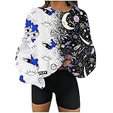 YANGQI Sweatshirt Damen Oversized Vintage Tag-und Nacht Motiv Brille Mond Symmetrie Patchwork Abstrakte Graffiti Druck Langarmbluse Übergröße Casual Rundhals Sp