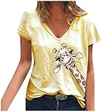 kolila Damen-T-Shirt mit Giraffen-Druck, lässig, V-Ausschnitt, niedliches Tiermotiv, bedruckt, Sommer-T-Shirt, kurzärmelig Gr. XXX-Large, gelb