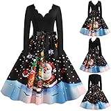 Briskorry Damen Weihnachten Kleider 3D Druck Weihnachtsmotiv Swing Kleid Langarm A-Linie Weihnachtskleid Ugly Christmas Knielang Midi Abend Party Kleid D