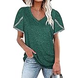DUNQI Damen Blumen Kurzarm Tunika Crop Tops Tiefer V-Ausschnitt Einfarbig Schlanke Passform Hemden Blusen T-Shirts Frauen Beiläufig Mode Elegant Große Größe Baumwolle Leichtes Shirt Bluse U