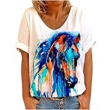 Masrin Steed Print T-Shirt Frauen Sommer Pferd Motiv Tops Tie-Dye Motiv Pullover Kurzarm V-Ausschnitt Tunika Blusen (L,Hellblau)