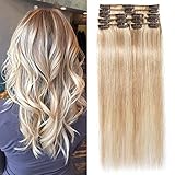 TESS Clip in Extensions Echthaar Ombre Remy Haar Extensions günstig Haarverlängerung 18 Clips 8 PCS Lang Glatt Haare, 14'(35cm)-60g #18/613 Hellgoldblond/B