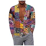 BIBOKAOKE Herren Langarmhemd Leinenoptik Hawaiihemd Mehrfarbig Revers Hemden Mode Vintage Druck Freizeithemd Regular Fit Sommer Strickjacke Casual Atmungsaktivit Henley Shirts ArbeitsH