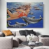 DIY 5D Diamond Painting Mädchen Fisch Diamant Painting Bilder für Erwachsene und Kinder, Diamant Painting Kit Vollständig Stickerei Kreuzstich Art für Home Wand-Decor 50x70