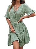 Damen-Kleid, kurzärmelig, lockeres Kleid mit A-Linien-Version, einfacher Stil, einfarbig, V-Ausschnitt, Sommerkleidung Gr. X-Large, grü