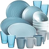 Melamin Geschirr Set 20 Teile Elegante Steingut Optik in blau mit Wasserglas Tassen - für 4 Personen - Essgeschirr Gläser Wasserglas Tumbler Whiskey - Campinggeschirr Picknick Camping modern O