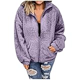 BUKINIE Damen-Fleece-Jacke, flauschig, leicht, gemütlich, langärmelig, warm, Winter, Casual, Reißverschluss, Mantel mit Tasche, violett, Larg