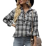 Tophoopp Tunika Tops für Damen, Damen Langarm Plaid Shirt Roll-up Tunika Tie Up Neck Casual Lose Pullover Blusen Tops, Schwarz , S