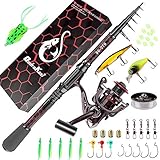 Kombinationen aus Angelrute und Rolle, einzigartiges Design mit X-Warping-Farbe, teleskopierbare Kohlefaser-Angelrute mit kombiniertem Angelruten-Kit mit Box, Angler (210-Red)