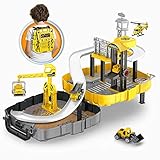 Veluoess Kinder Parkplatz Spielset, Baustellen Spielzeug Set mit Rucksack, BAU Parkhaus Spielzeugset mit Bauwagen und Mini-Helikopter Geschenk für Kinder 3+