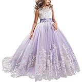 TTYAOVO Mädchen bodenlangen Spitze Prinzessin Kleid Mädchen Party Hochzeit Brautjungfer Kleid Geschichteten geschwollenen Tüll Kleider lila Größe(140) 8-9 Jahre 406 L