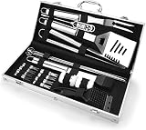 Abosea Grillbesteck, 21 pcs Edelstahl Grillset im Aluminium Koffer mit Digitales Fleischthermometer Professionelle Outdoor Camping Grill Werkzeuge Zubehör Kit Geschenk für Männer auf W