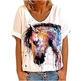 Masrin Steed Print T-Shirt Frauen Sommer Pferd Motiv Tops Tie-Dye Motiv Pullover Kurzarm V-Ausschnitt Tunika Blusen (L,Orange)