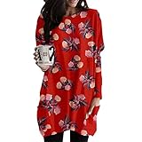 FANSU Lange Ärmel Tshirt Damen, Rosenblumen Drucken Langarmshirts Oversize Rundhals T-Shirt Lose Lässige Top Mode Herbst Winter Oberteil Bluse Shirt Kleid mit Tasche XS-4XL