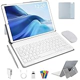 Tablet 10 Zoll 4G LTE Android 10, 64GB ROM + 4GB RAM Quad Core Tablet mit Deutsche Tastaturaufkleber Stift Tastatur, Type C, 5MP+8MP Kamera, 8000mAh Akku WiFi Dual-SIM/SD Bluetooth Tablet PC -Silb