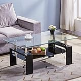 GOLDFAN Couchtisch Glas Rechteckiger Wohnzimmertisch Glas Couchtisch Schwarz Hochglanz Kaffetisch Glastisch für W