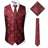 JOGAL Herren Paisley Jacquard Weste Krawatte Einstecktuch Weste Anzug Smoking Set Large RotSchw