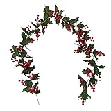 AK-XING Künstliche rote Beeren-Weihnachtsgirlande mit grünen Blättern, künstliche Beeren-Rattan-Girlande, Urlaubs-Girlande für Weihnachten, Urlaub, Innen- und Außenbereich, Heimkamin Dek