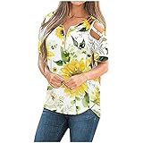 Sommer-Tops für Damen, lässig, kurzärmelig, schulterfrei, Blusen, Reißverschluss, O-Ausschnitt, T-Shirt, lockere Passform, Tunika, Tops, modisch, bedruckt, T-Shirtblusen in Übergröße Gr. L, gelb