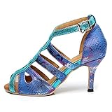 AOQUNFS Tanzschuhe Damen Latein Strass mit Absatz für Gesellschaftstanz Salsa Tango Party Hochzeit Ballsaal,5016-8.3-Blau,EU40