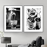 THTHTH Kaffeemaschine Schleifen Poster und Druck Schwarz-Weiß-Leinwand-Malerei Skandinavische Wandkunst Für Coffeeshop Dekoration Bilder 50x70cm x2 Kein R