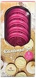 Rayher Hobby 28858000 Keksstempel Set, 8-teilig, 1 Stempelgriff, 1 Ausstechring, 6 Stempelköpfe aus Silikon 7 cm ø, Keksausstecher,