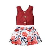 LSFYSZD 2 Stück Säuglings-Sommer-Outfits für Babys, Mädchen, ärmellos, gerippt, V-Ausschnitt, Knopf, Tank Top + Rock, rot, 3-4 J