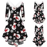 SoLu DAY8 Weihnachten Party Kleider Damen Kostüm Samt Kleid Santa Claus Kostüm Langarm Weihnachtskleider Midi Kleid Tunika Faux-Plüsch Panel Langarm V-Kragen Asymmetrisches Partyk