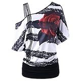 brieftk Damen Fashion T-Shirts Spitze Skew Neck Trägerlos Blumendruck Kurzarm Shirt Casual Sommer Tops Bluse, Schwarz , Larg