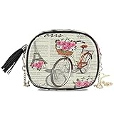 ALARGE Damen Mädchen Schultertasche Crossbody Tasche Vintage Eiffelturm Fahrrad PU Leder Sling Bag Geldbörse mit verstellbarem Metallkette Gurt und Q