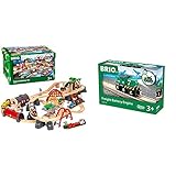 BRIO World 33052 Straßen & Schienen Bahn Set Deluxe – Straßen & Schienen Eisenbahn – Kleinkindspielzeug empfohlen für Kinder ab 3 Jahren & Bahn 33214 - Batterie-Frachtlok