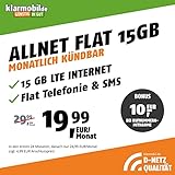 klarmobil Handyvertrag D-Netz Allnet Flat 15 GB - Internet Flat, Allnet Flat Telefonie & SMS in alle Deutschen Netze, EU-Roaming, monatlich kündb