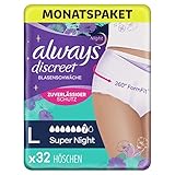 Always Discreet Inkontinenz und Wochenbett Inkontinenz Pants Gr. L, Super Night (32 Höschen) Monatspaket, diskreter Schutz & hohe Saugstärke, geruchsneutralisierend, 4 x 8 Stück