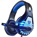 Pacrate Gaming Headset für PC, PS4, PS5, Xbox One, Xbox Series X, 3.5mm Noise Cancelling Gaming Kopfhörer mit Mikrofon, LED Leuchten und Soft Memory Ohrenschützer(Black Blue)