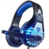 Pacrate Gaming Headset für PC, PS4, PS5, Xbox One, Xbox Series X, 3.5mm Noise Cancelling Gaming Kopfhörer mit Mikrofon, LED Leuchten und Soft Memory Ohrenschützer(Black Blue)