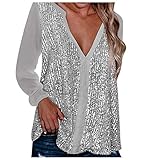 Xmiral Bluse Damen Pailletten Langarm Fold V-Ausschnitt Sexy Tops Club Abend Kostüm Shirt(Silber,XXL)