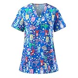 Kasack Damen T-Shirts, Hauswirtschaftsoberteile Lady-Fit T-Shirt Bunt Pflege Ostern T-Shirt Schlupfkasack mit Taschen Kurzarm V-Ausschnitt Schlupfhemd Berufskleidung Krankenpfleger #0316