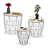 Relaxdays Korbtisch 3er Set, rund, Metall & Holzoptik, Korb Beistelltisch Wohnzimmer, 3 Größen, Drahtkorb-Tisch, schw