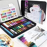 Aquarellfarben Set, 48 Farben Exqline Aquarell Set mit 8 Aquarellpapieren, 2 Wassertankbürsten, 2 Hakenstiften, 2 Wischschwämmen, 1 Weißpigment, 1 Mischpalette, 1 Farbkarte für Anfänger, Kü