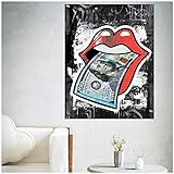 NIEMENGZHEN Druck auf Leinwand Zitat Poster Frau Lippen mit US Dollar Druck Wandmalerei auf Leinwand Bild Wohnzimmer Geld Kreative Kunst Poster-60x80 cm Kein R