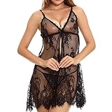 Sexy Spitze Nachthemd Damen Dessous Lace Negligee Unterwäsche Rüschen Tiefer V-Ausschnitt Babydoll Semi-Transparente Lingerie Vorne Offene Babydoll Reizwäsche Set Nachtwäsche mit Tang