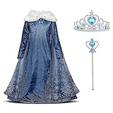 URAQT Mädchen Anna Kostüm Kleid mit Schneeflocke Plüschkragen, Kinder Prinzessin Kostüm für Karneval Party, Verkleidung Halloween Fest Größe 150