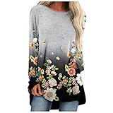 Overdose Damen T-Shirts Herbst Oberteile Langarm Sweatshirts Rundhals Longshirts Drucken Langarmhemd Loose Bluse Casual Tops Mode Tshirt Daily Tee für F